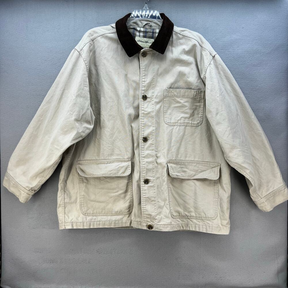 Eddie Bauer Jacket Men's XL Beige Canvas Flannel Lining Corduroy Collar VTG